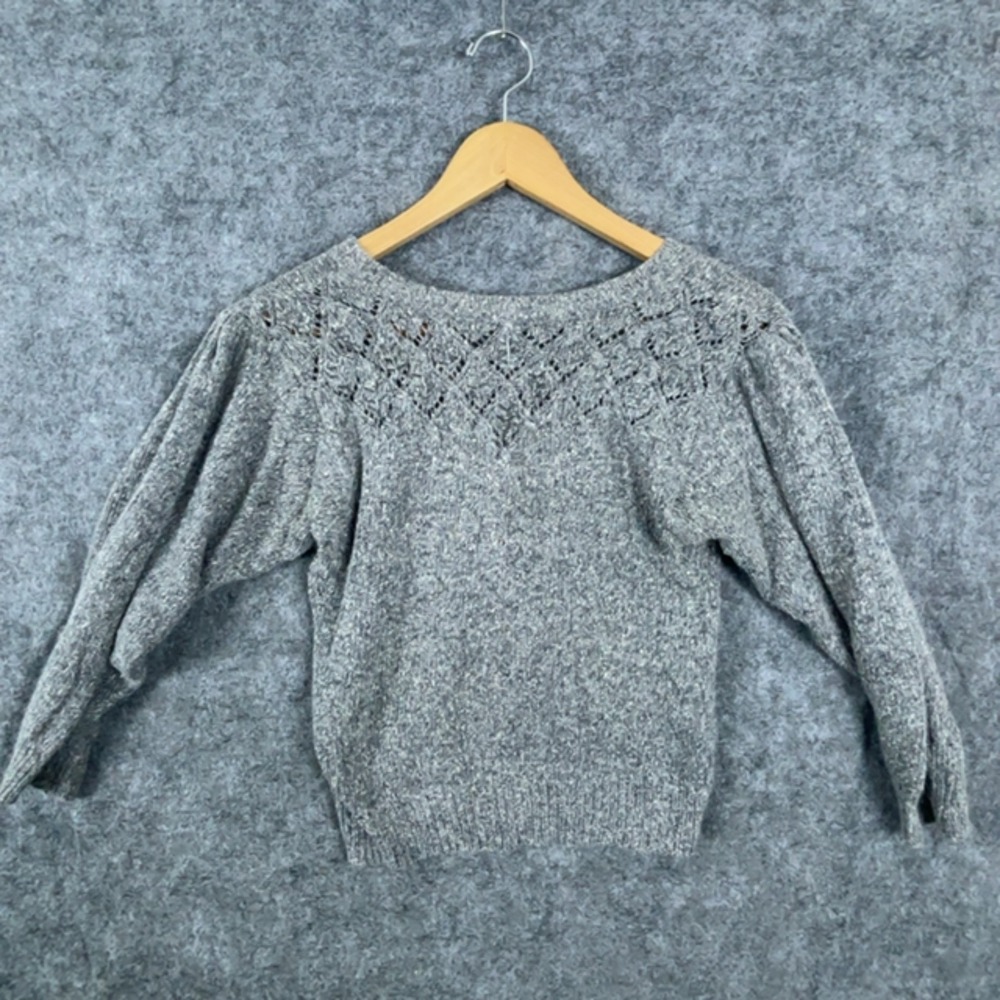 Heidi Sweater Womens Medium Gray Vintage Silk Angora Crochet Beaded V-Neck Knit